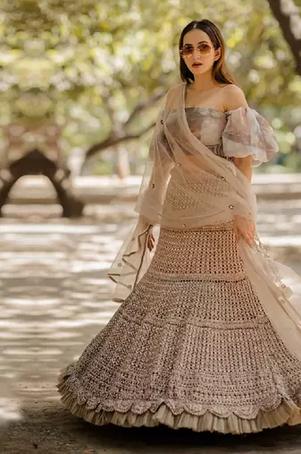 Brown Organza Embroidered Lehenga