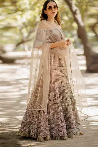 Brown Organza Embroidered Lehenga