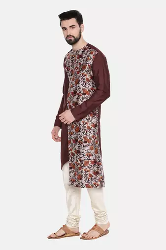 Brown Printed Silk Kurta Set