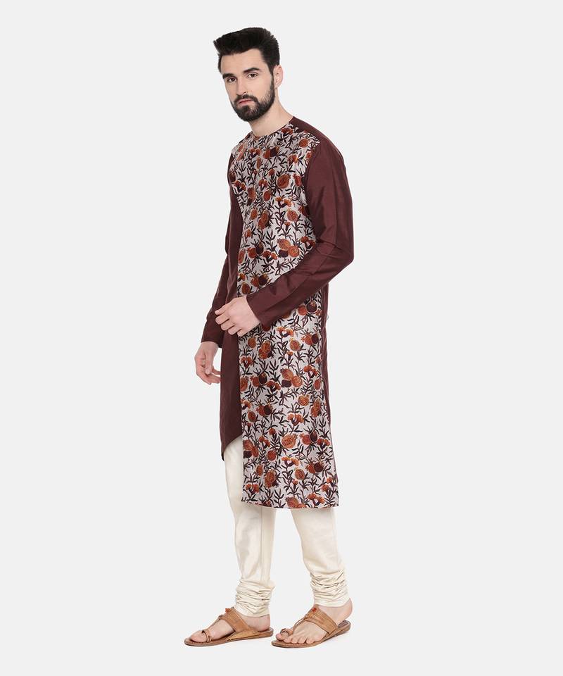 Brown Printed Silk Kurta Set