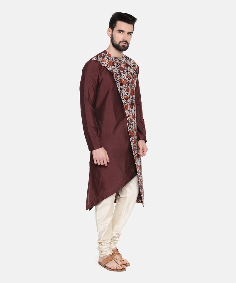 Brown Printed Silk Kurta Set