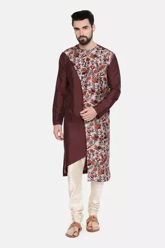 Brown Printed Silk Kurta Set