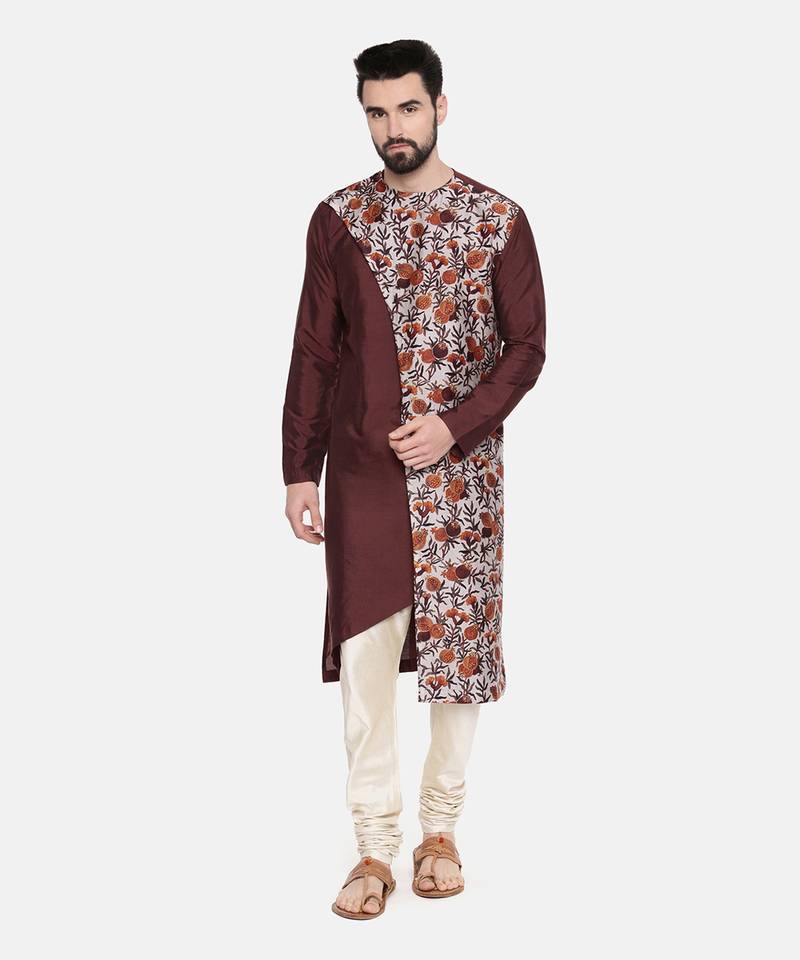 Brown Printed Silk Kurta Set
