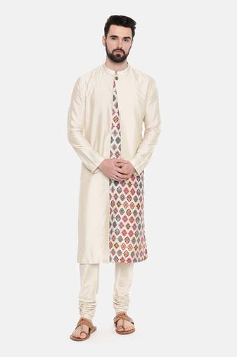Beige Silk Printed Cut Away Kurta