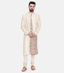 Beige Silk Printed Cut Away Kurta