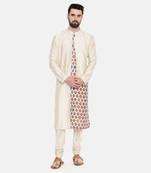 Beige Silk Printed Cut Away Kurta