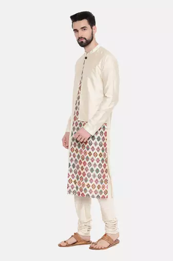 Beige Silk Printed Cut Away Kurta