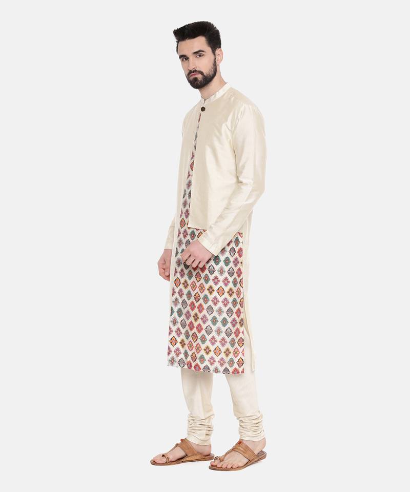 Beige Silk Printed Cut Away Kurta