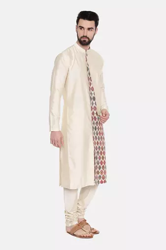 Beige Silk Printed Cut Away Kurta