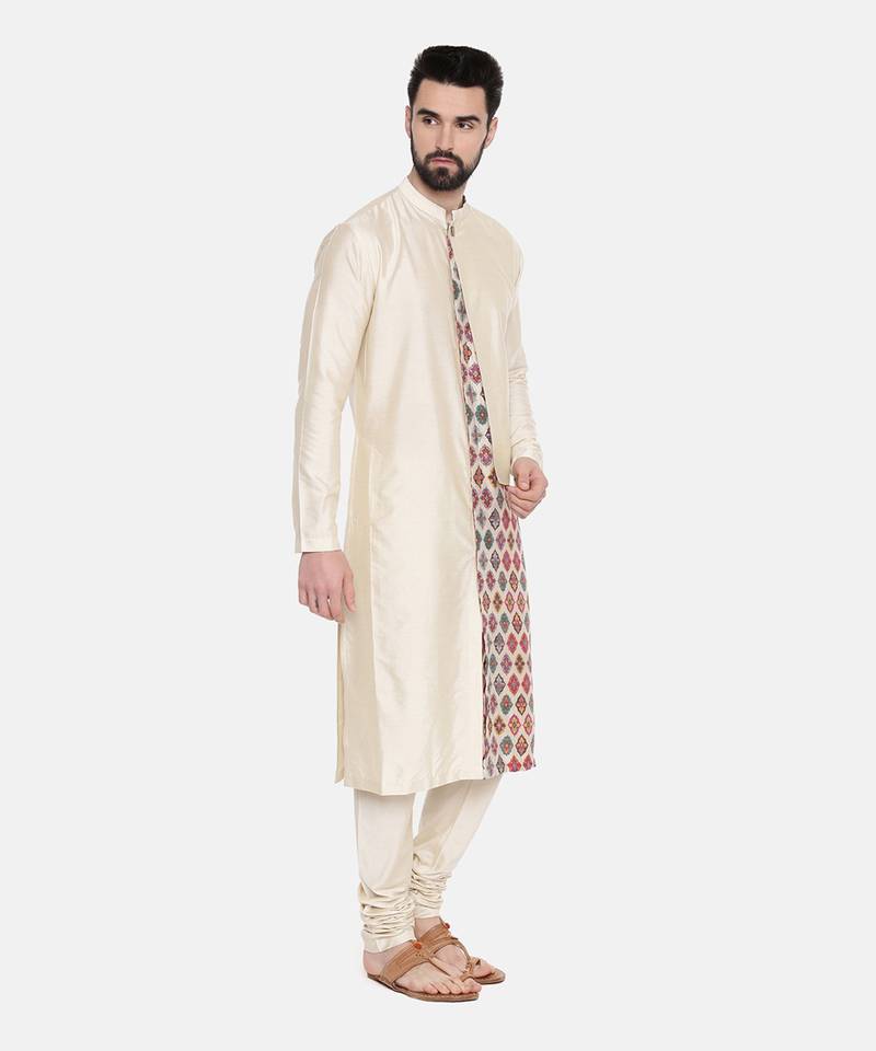 Beige Silk Printed Cut Away Kurta
