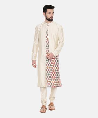 Beige Silk Printed Cut Away Kurta 4