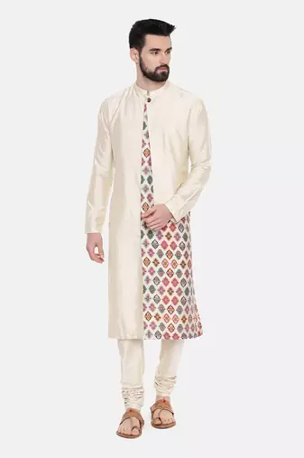 Beige Silk Printed Cut Away Kurta