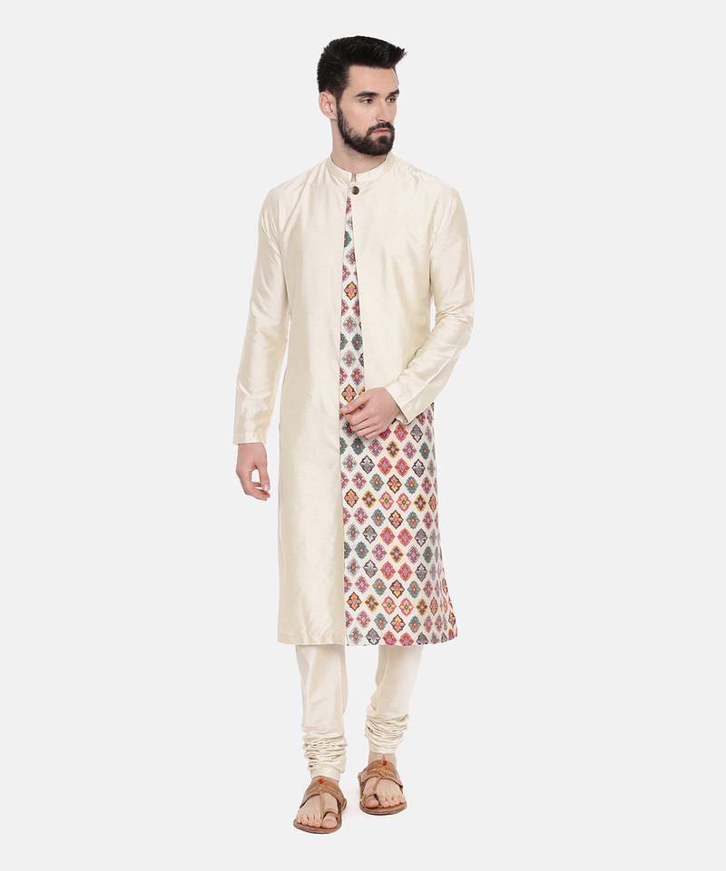 Beige Silk Printed Cut Away Kurta