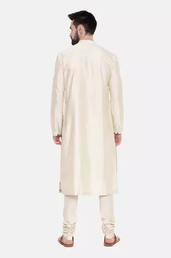 Beige Silk Printed Cut Away Kurta