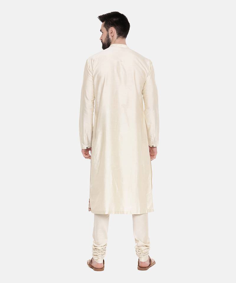 Beige Silk Printed Cut Away Kurta