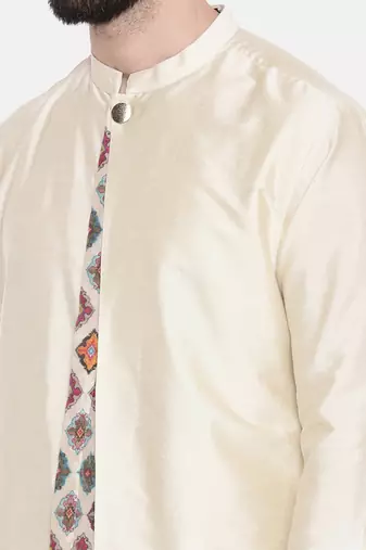 Beige Silk Printed Cut Away Kurta