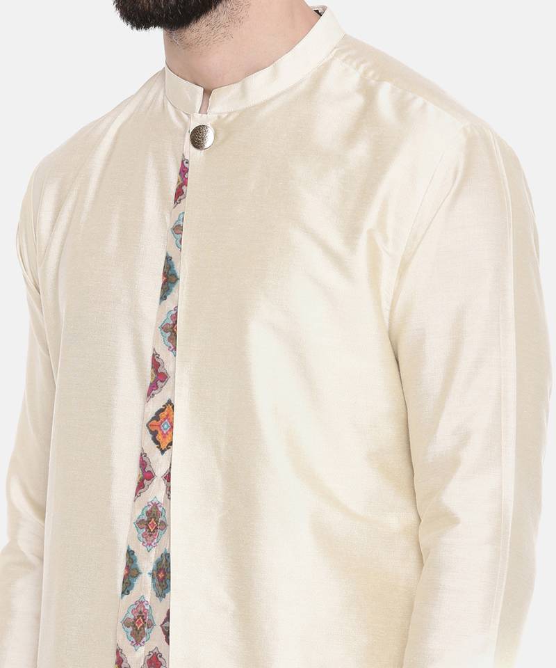 Beige Silk Printed Cut Away Kurta