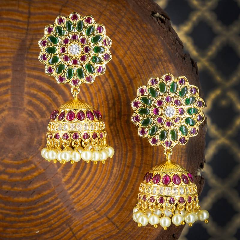 Gold cubic zirconia jhumkas