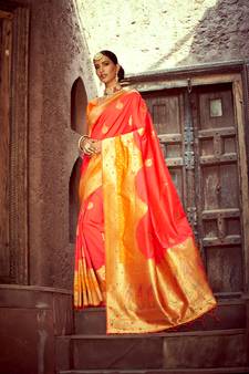Red woven silk blend saree with blouse