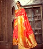 Red woven silk blend saree with blouse