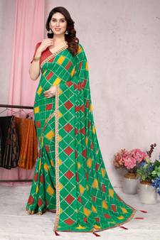 Green Printed Georgette Saree With Blouse