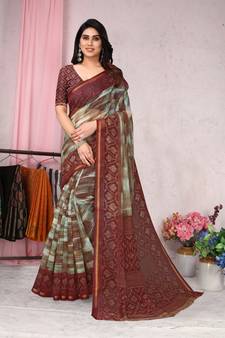 Green printed cotton saree with blouse