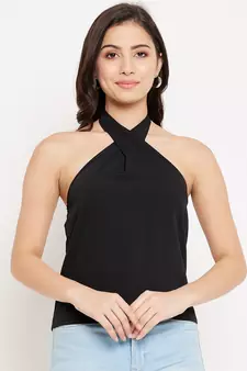 Black woven polyester party-tops