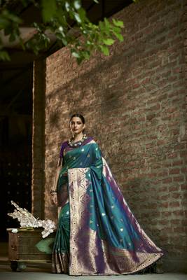 Blue woven silk blend saree with blouse 1