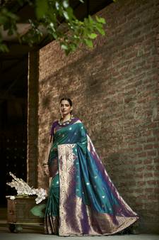 Blue woven silk blend saree with blouse
