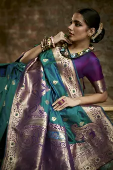 Blue woven silk blend saree with blouse