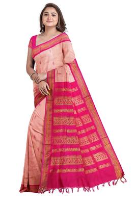 Peach Pure Cotton Gadwal Handloom Saree 4