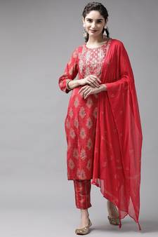 Red embroidered rayon ethnic-kurtis