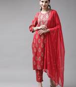 Red embroidered rayon ethnic-kurtis