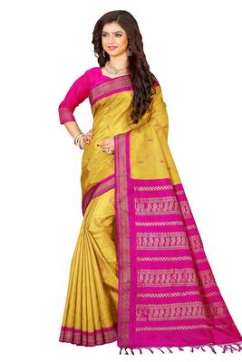 Yellow Pure Cotton Gadwal Handloom Saree 1