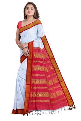 White Pure Cotton Gadwal Handloom Saree 4