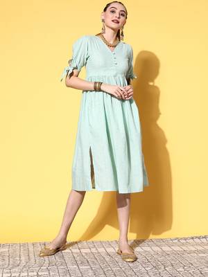 Sea-green embroidered dobby long-dresses 1