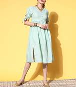 Sea-green embroidered dobby long-dresses