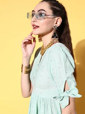 Sea-green embroidered dobby long-dresses 4