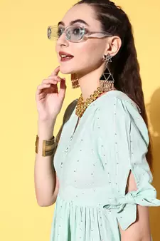 Sea-green embroidered dobby long-dresses