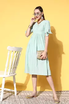 Sea-green embroidered dobby long-dresses