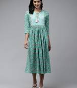 Sea-green embroidered cotton long-dresses