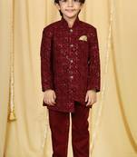 Maroon printed velvet boys-indo-western-dress