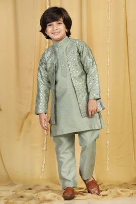 Green embroidered cotton silk boys-indo-western-dress 1