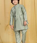 Green embroidered cotton silk boys-indo-western-dress