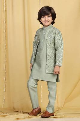 Green embroidered cotton silk boys-indo-western-dress 2