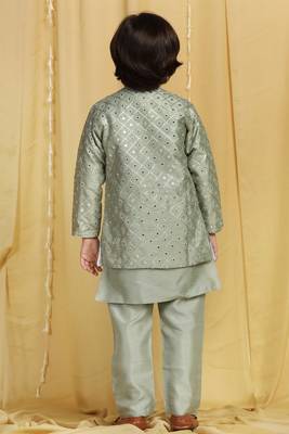 Green embroidered cotton silk boys-indo-western-dress 3