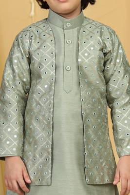 Green embroidered cotton silk boys-indo-western-dress 4