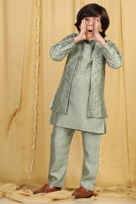 Green embroidered cotton silk boys-indo-western-dress 5