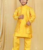 Yellow embroidered cotton silk boys-indo-western-dress
