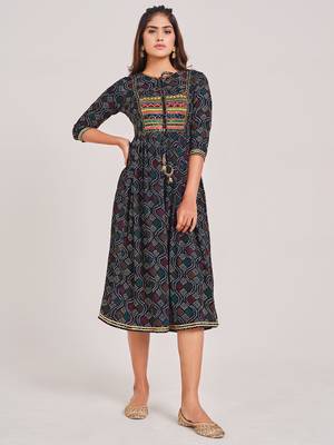 Navy-blue printed viscose rayon ethnic-kurtis 1